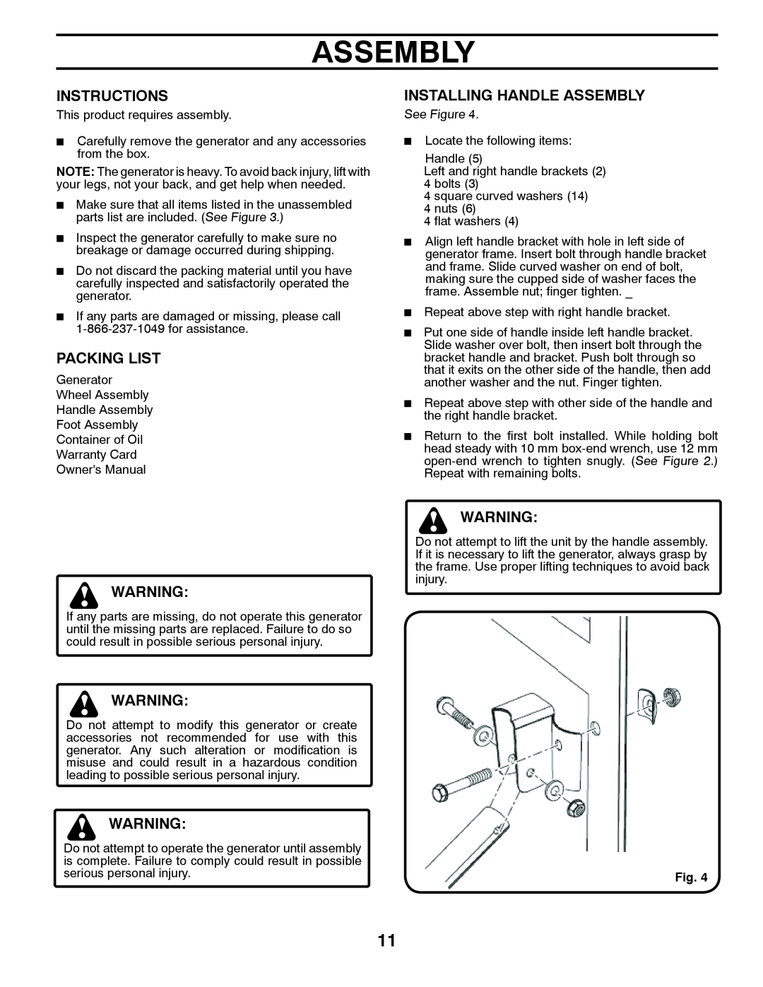 Poulan 420077 owner manual Instructions, Packing List, Installing Handle Assembly 