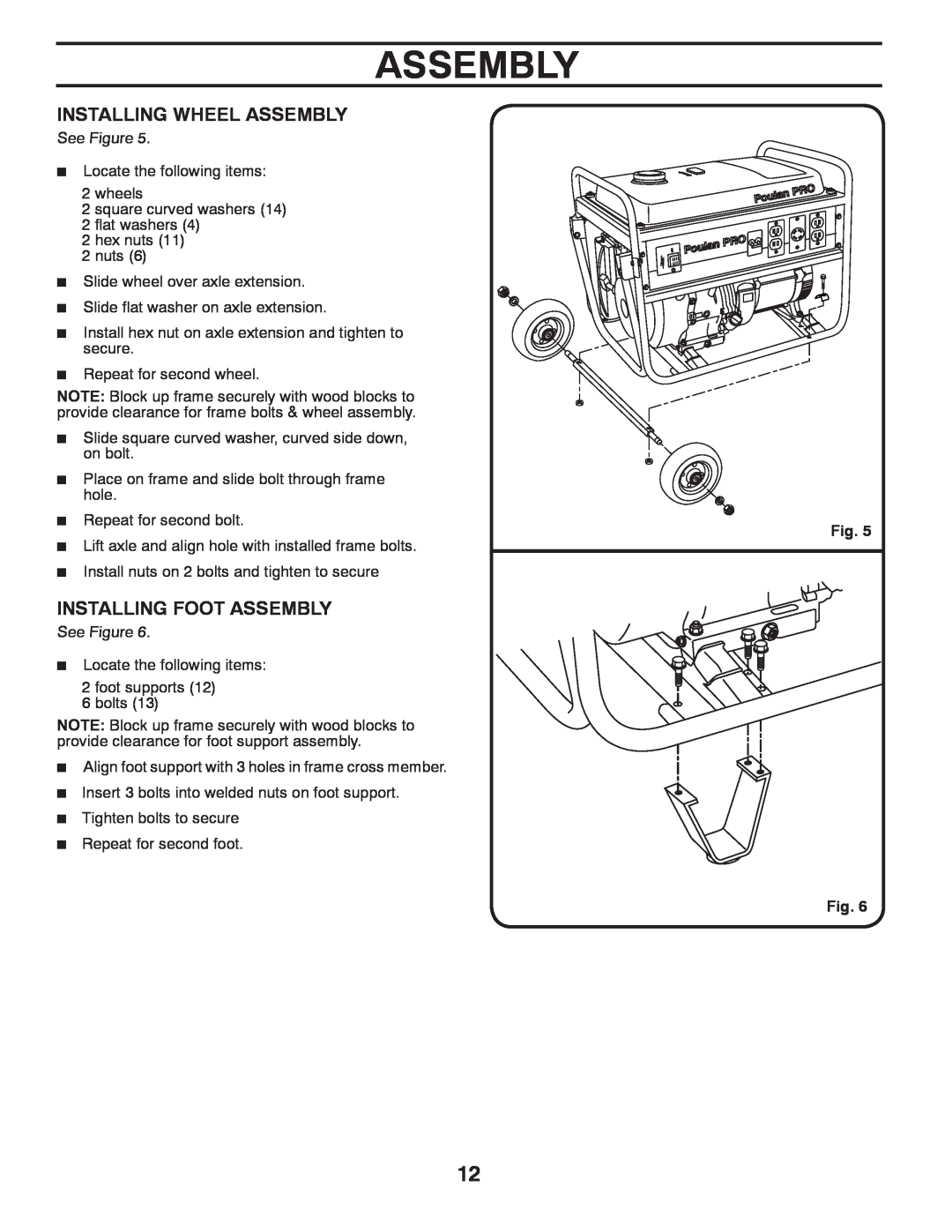 Poulan 420077 owner manual Installing Wheel Assembly, Installing Foot Assembly 