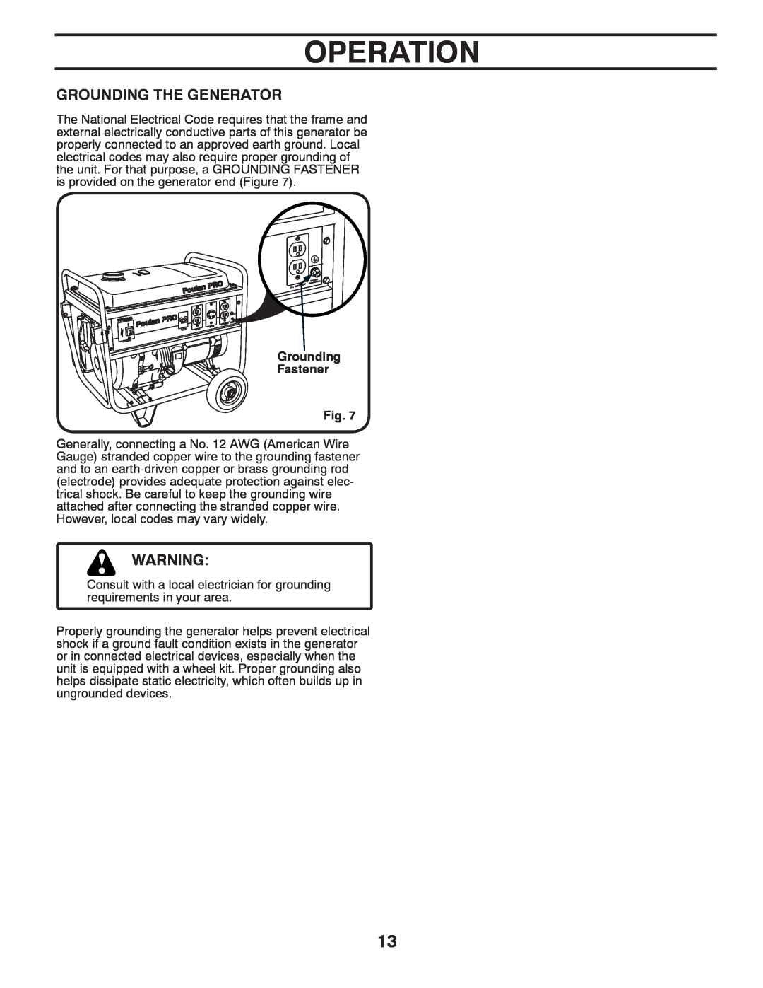 Poulan 420077 owner manual Operation, Grounding The Generator 