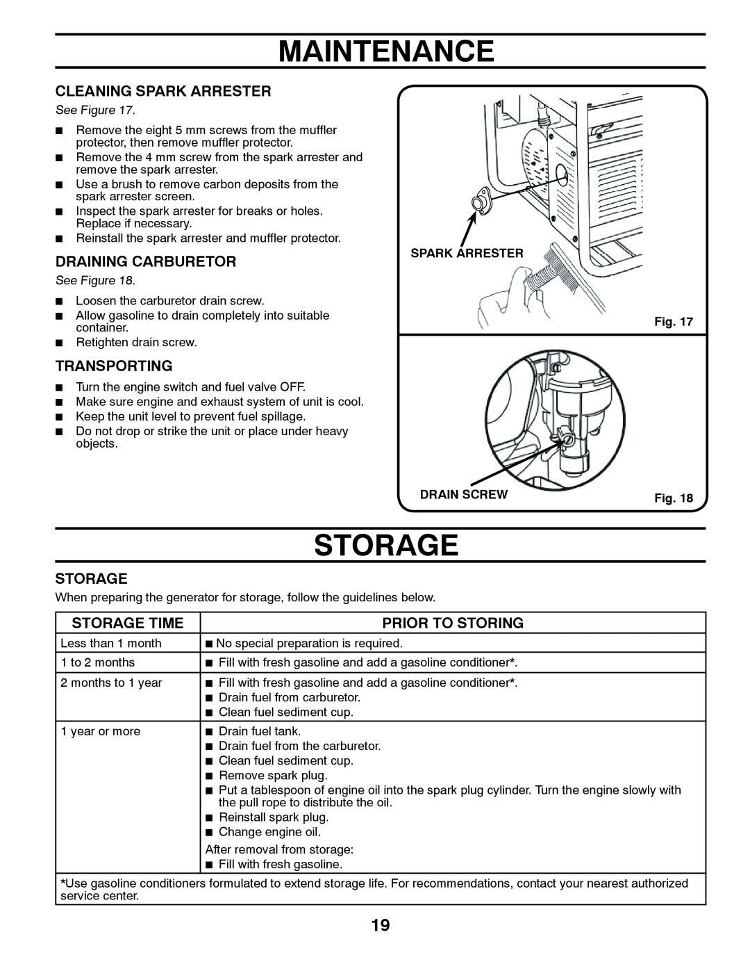 Poulan 420077 owner manual Storage, Maintenance, Spark Arrester, Drain Screw 