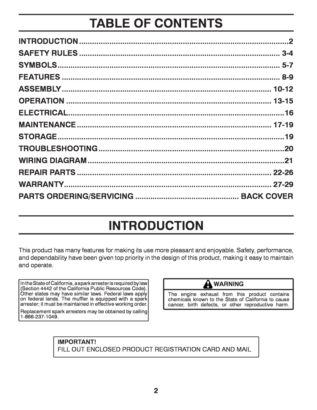 Poulan 420077 Table Of Contents, Introduction, Parts Ordering/Servicing, 10-12, 13-15, 17-19, 22-26, 27-29, Back Cover 
