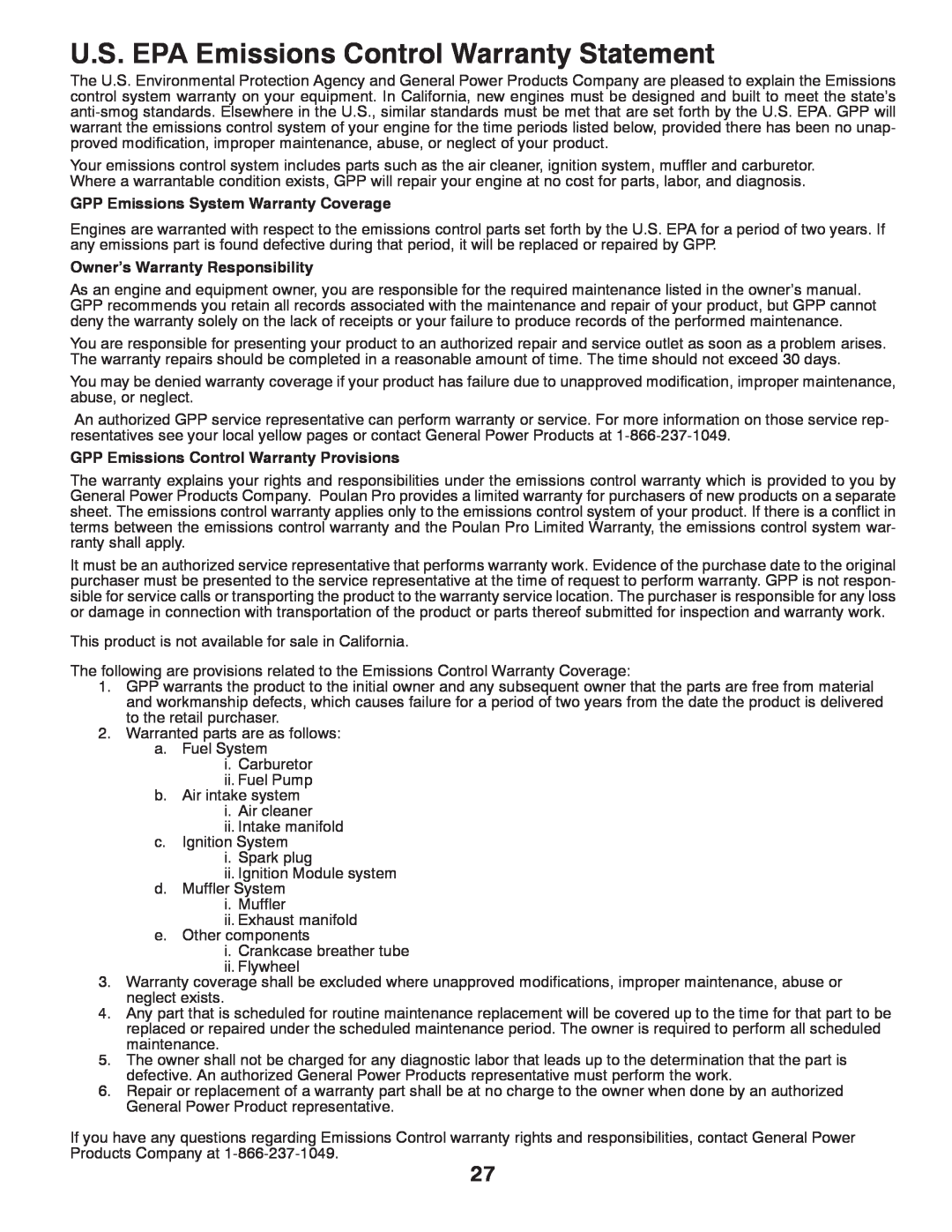 Poulan 420077 owner manual U.S. EPA Emissions Control Warranty Statement, GPP Emissions System Warranty Coverage 