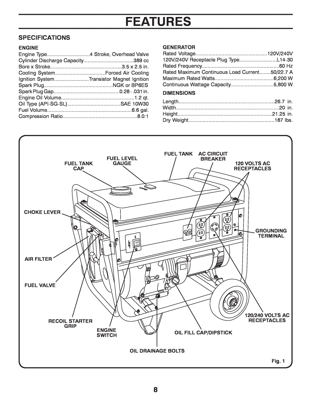 Poulan 420077 owner manual Features, Specifications 
