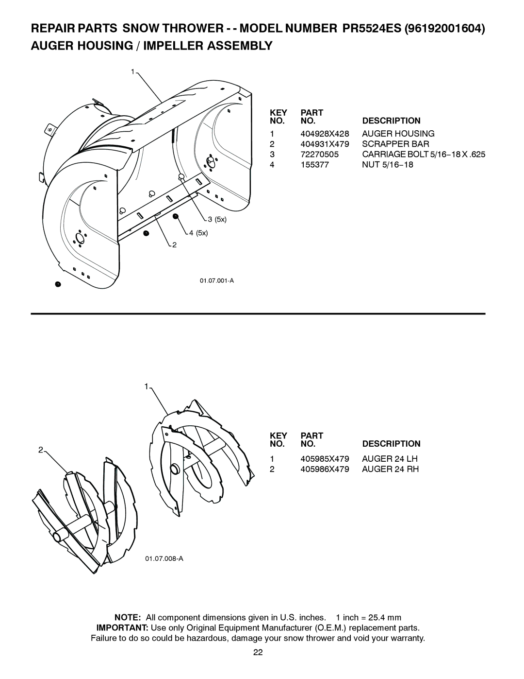 Poulan 420904 owner manual Auger Housing, Scrapper BAR, Auger 24 LH, Auger 24 RH 