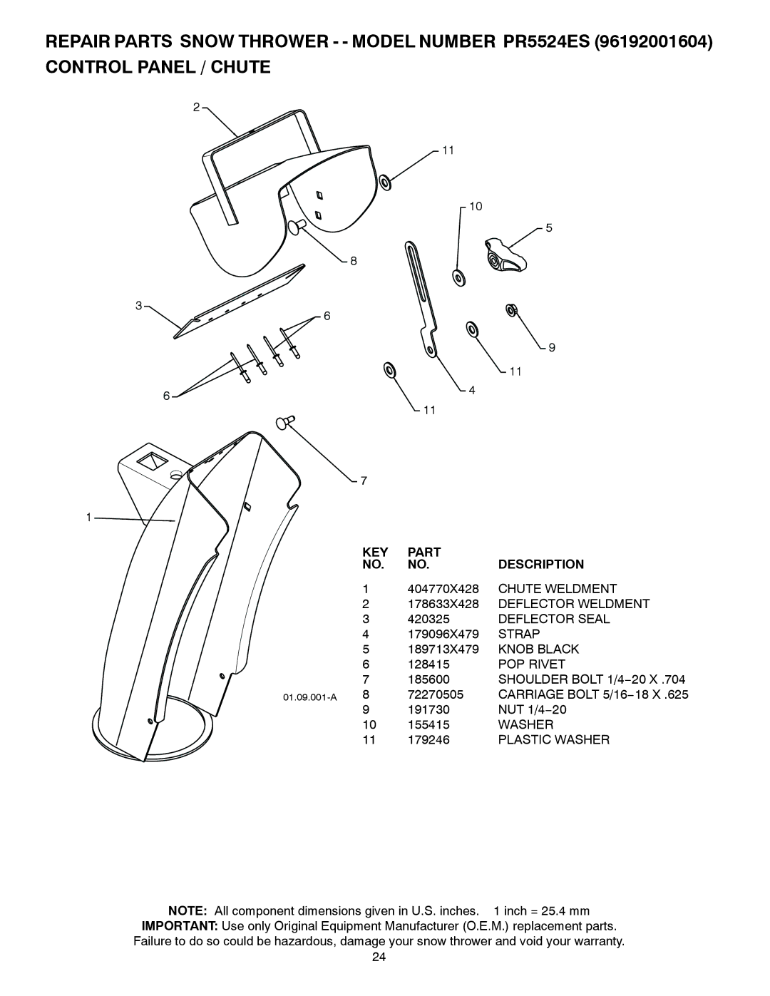 Poulan 420904 Chute Weldment, Deflector Weldment, Deflector Seal, Strap, Knob Black, POP Rivet, Plastic Washer 