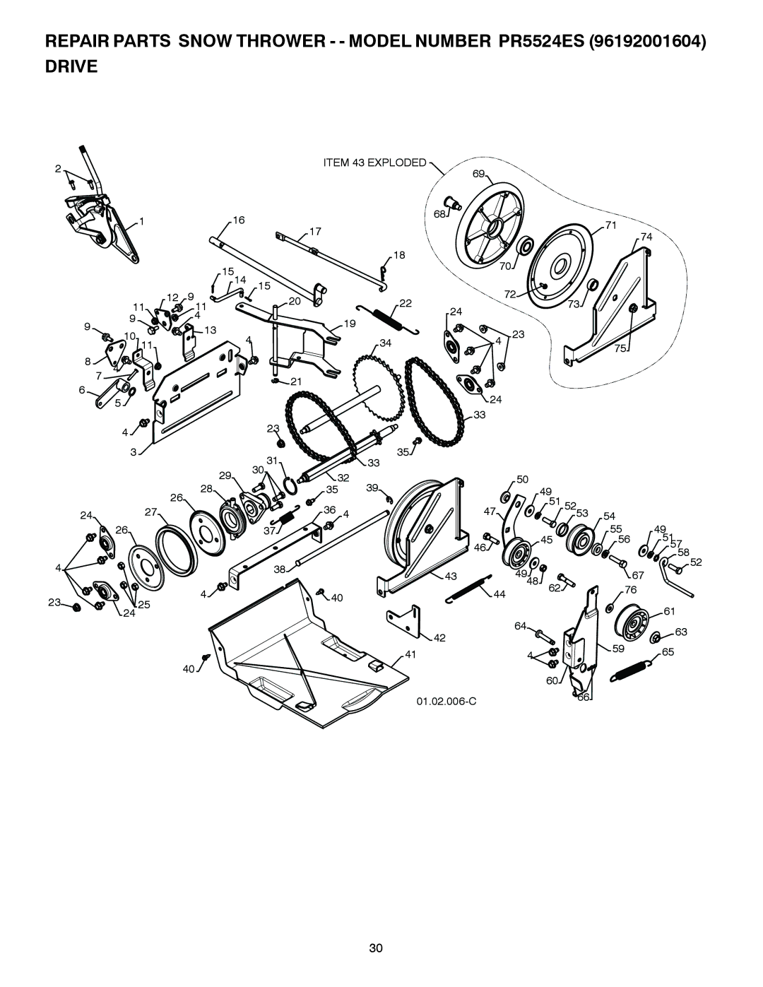 Poulan 420904 owner manual Repair Parts Snow Thrower - Model Number PR5524ES Drive 