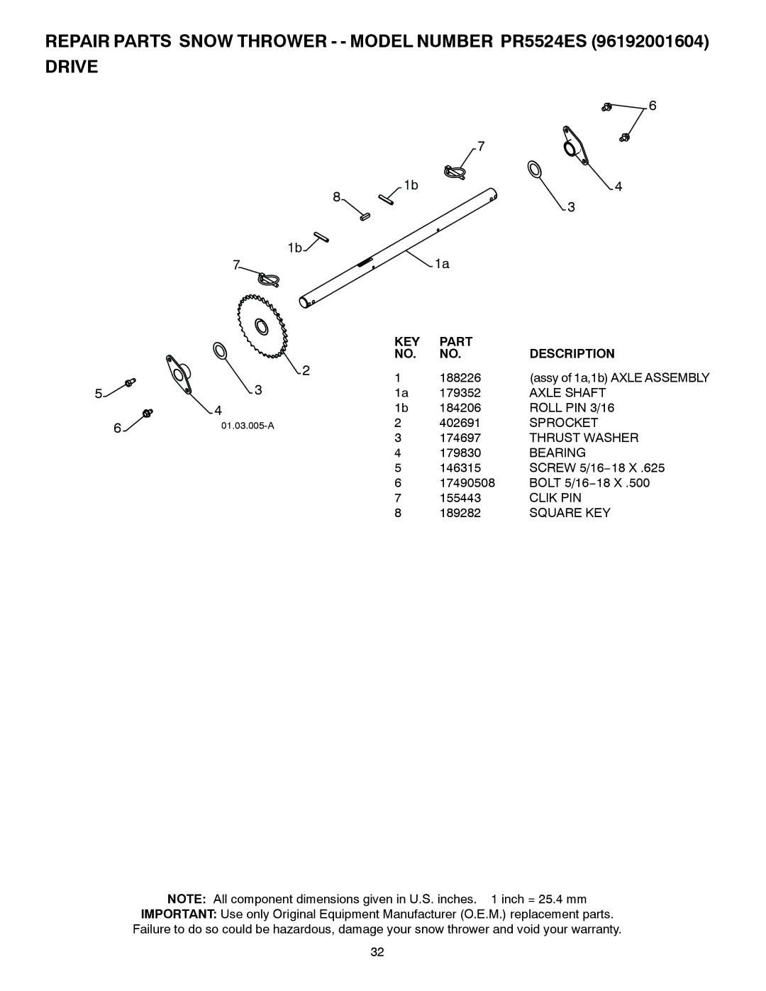 Poulan 420904 owner manual Axle Shaft, Roll PIN 3/16, Sprocket, Clik PIN 