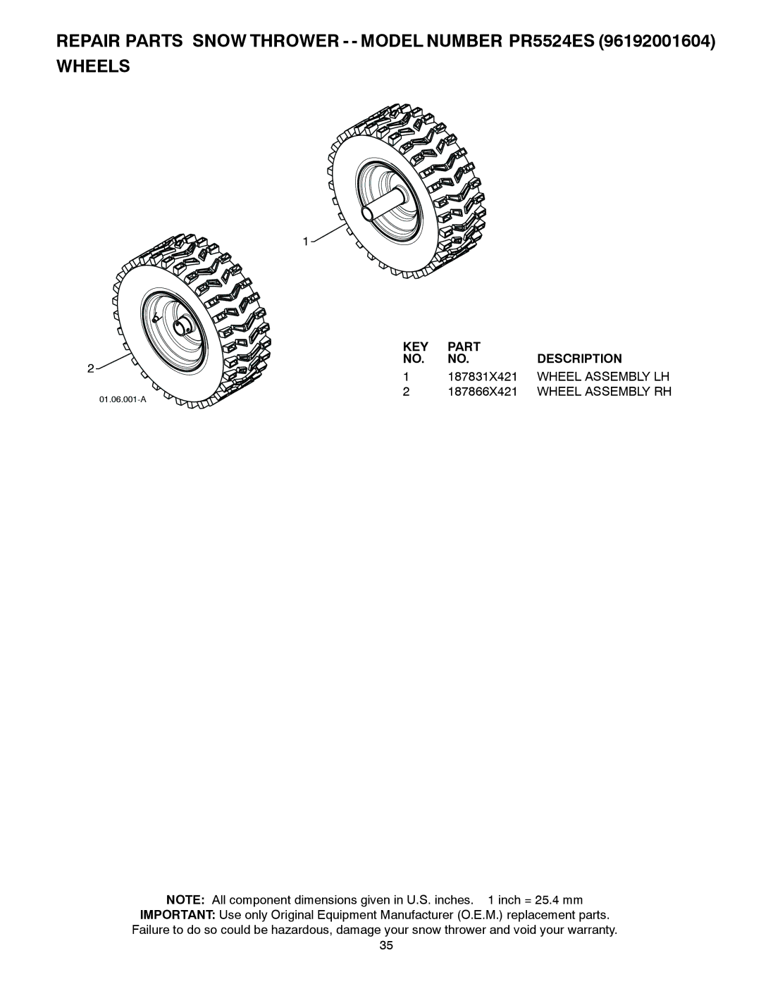 Poulan 420904 owner manual Repair Parts Snow Thrower - Model Number PR5524ES Wheels, Wheel Assembly LH 