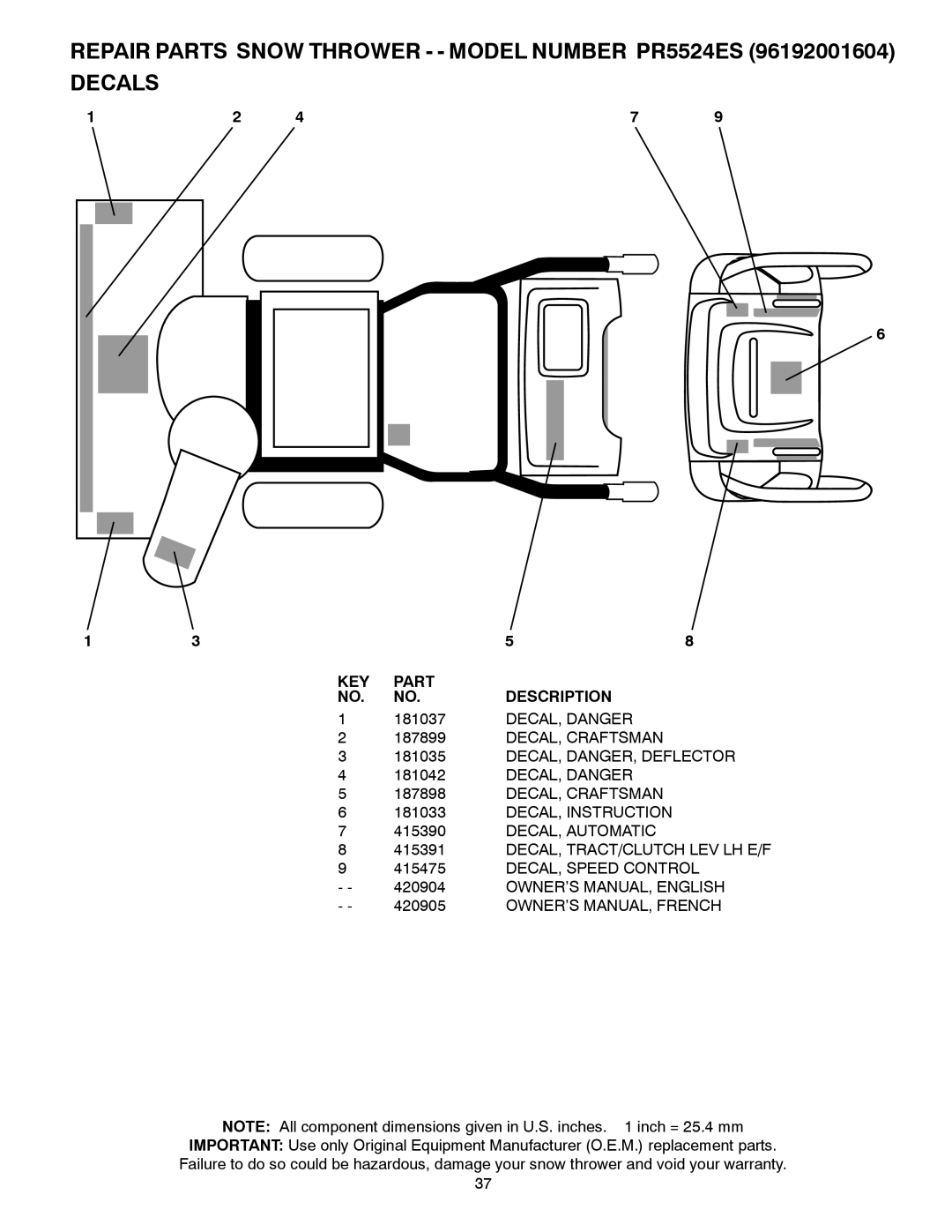 Poulan 420904 owner manual DECAL, Danger, DECAL, Craftsman, DECAL, DANGER, Deflector, DECAL, Instruction, DECAL, Automatic 