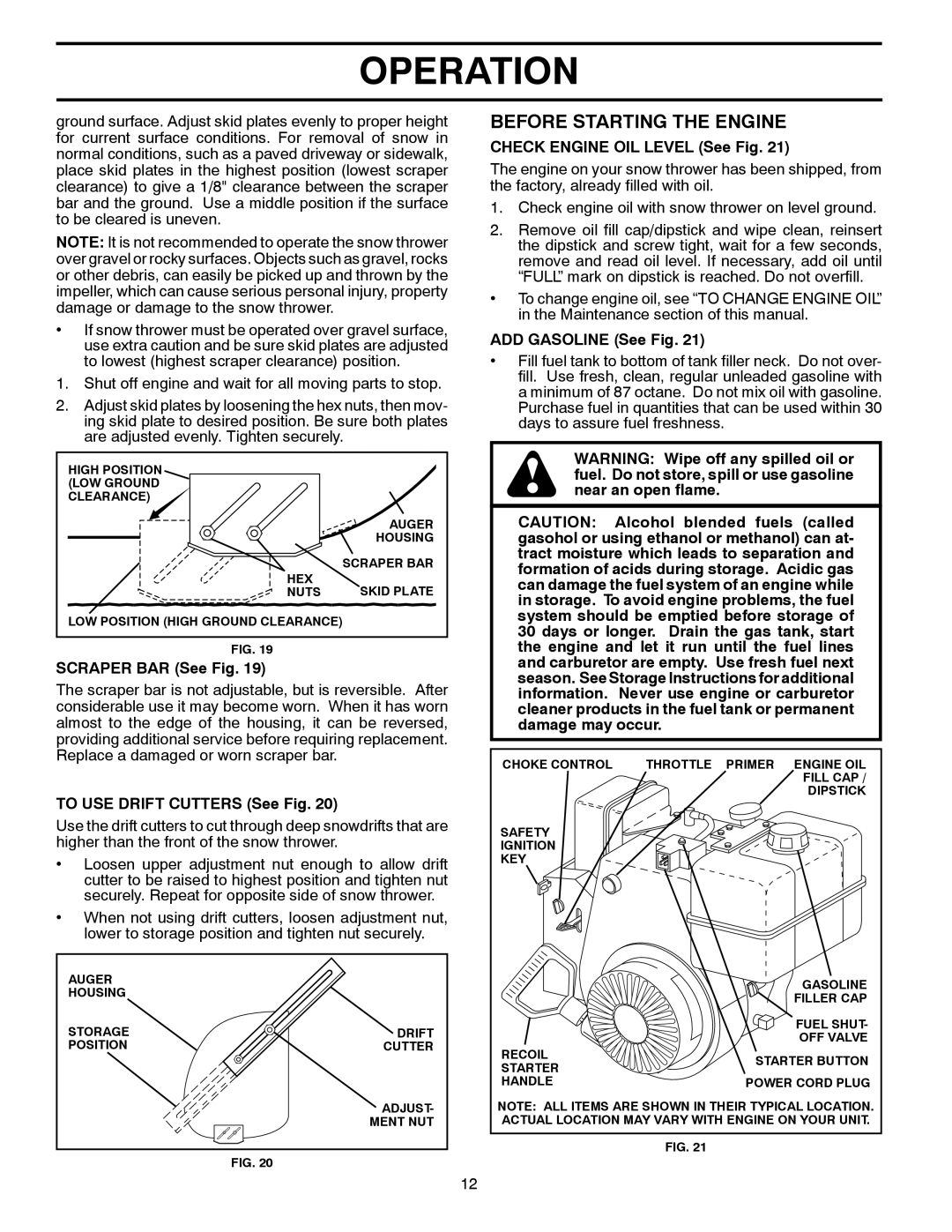Poulan 420925, 961980022 Before Starting The Engine, Operation, SCRAPER BAR See Fig, CHECK ENGINE OIL LEVEL See Fig 