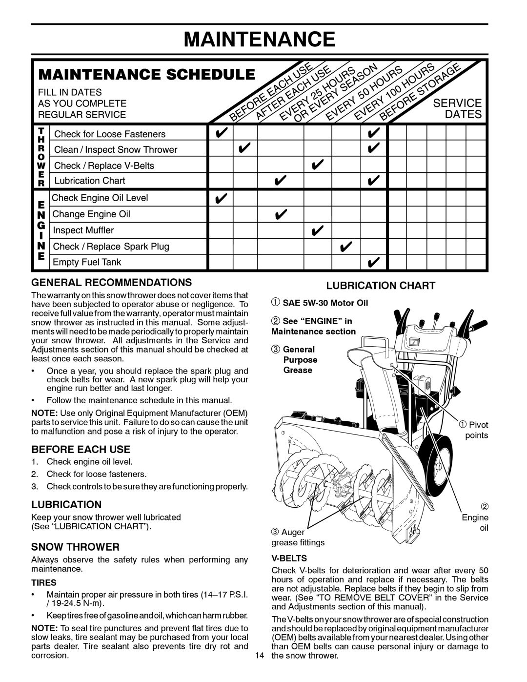 Poulan 420925 Maintenance, General Recommendations, Before Each Use, Snow Thrower, Lubrication Chart, Tires, V-Belts 