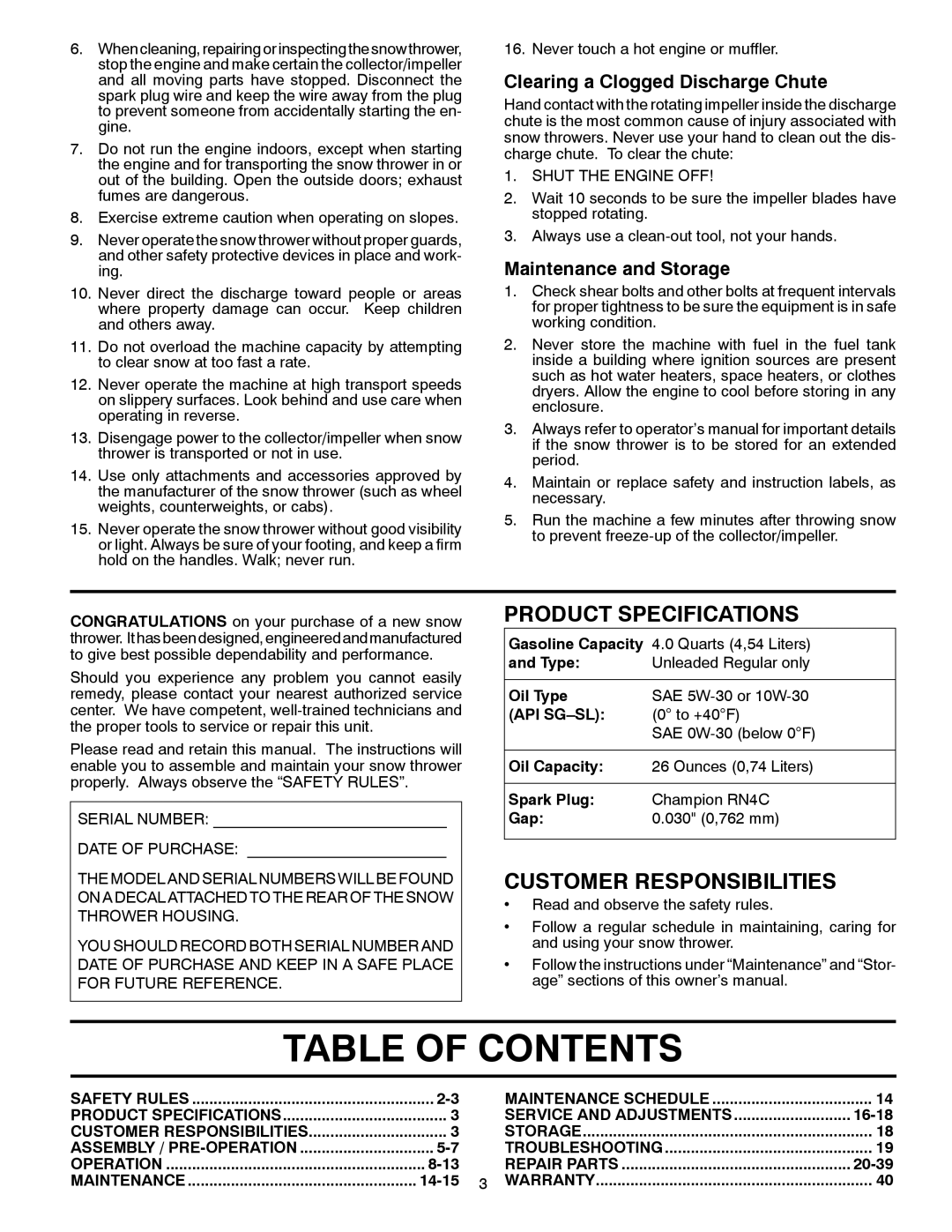 Poulan 961980022 Table Of Contents, Product Specifications, Customer Responsibilities, Clearing a Clogged Discharge Chute 