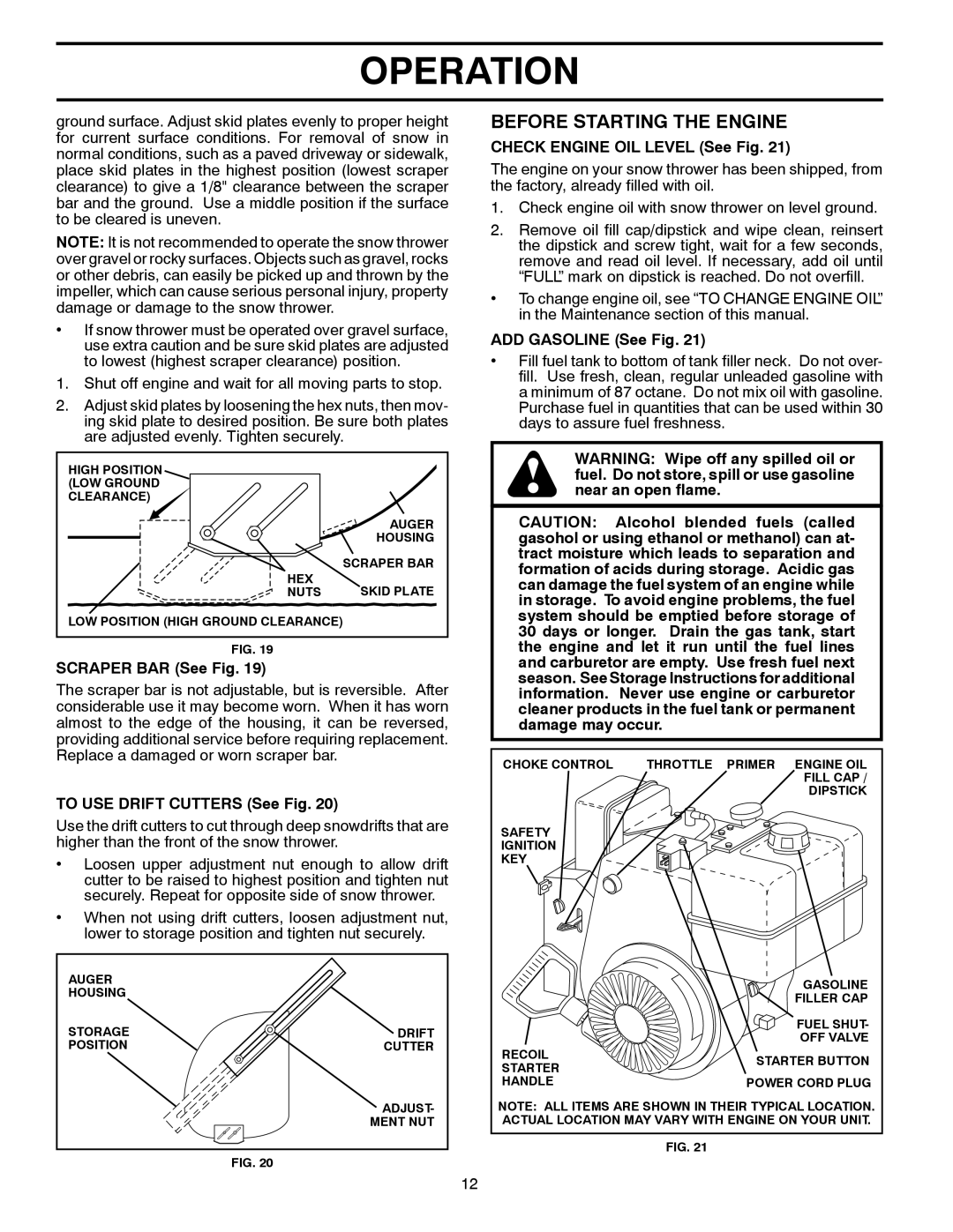 Poulan 420925 Before Starting the Engine, Scraper BAR See Fig, Check Engine OIL Level See Fig, ADD Gasoline See Fig 