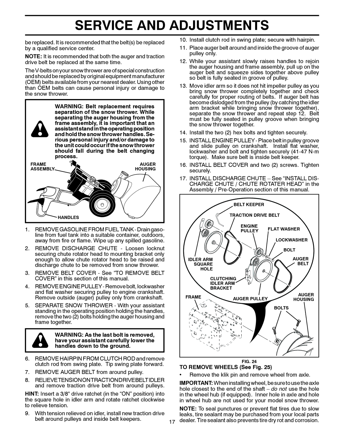 Poulan 961980022, 420925 owner manual To Remove Wheels See Fig, Remove the klik pin and remove wheel from axle 