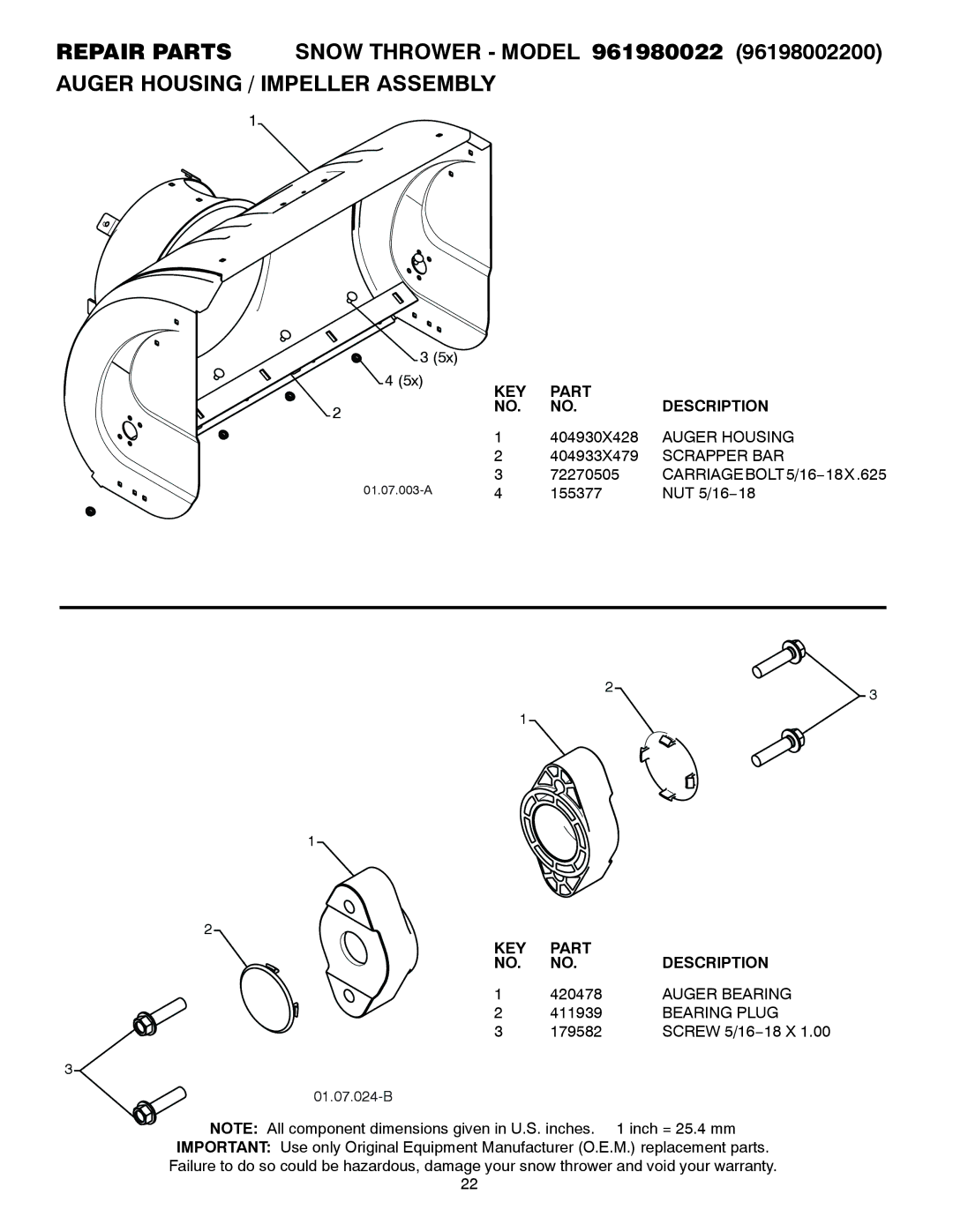 Poulan 420925, 961980022 owner manual Auger Housing, Scrapper BAR, CARRIAGEBOLT5/16−18X.625, Auger Bearing, Bearing Plug 