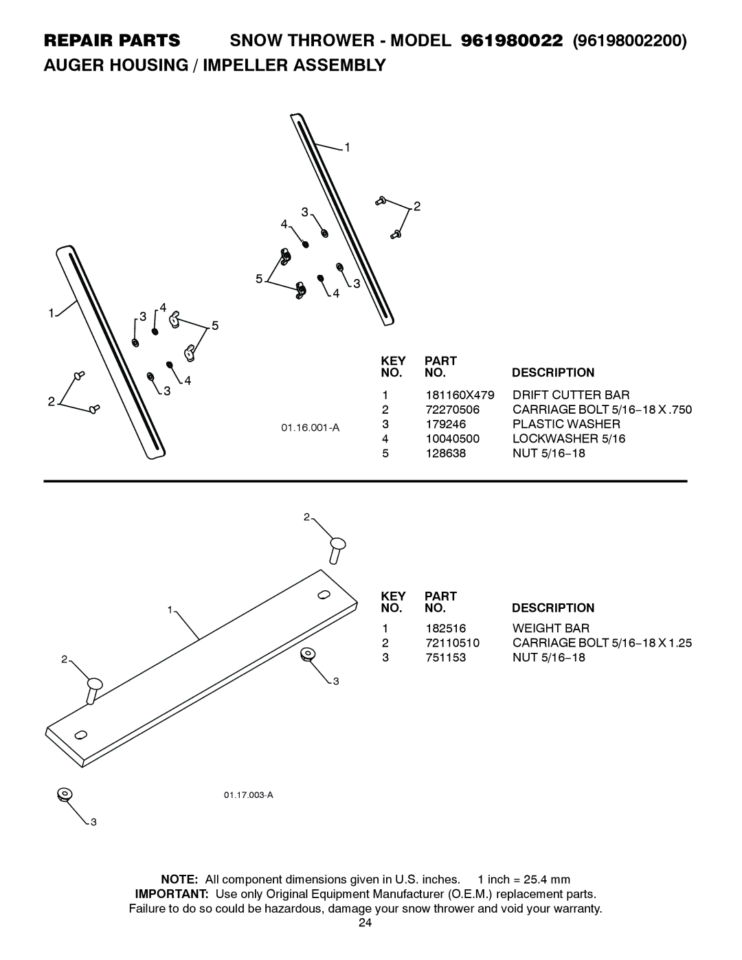 Poulan 420925, 961980022 owner manual Drift Cutter BAR, Plastic Washer, Lockwasher 5/16, Weight BAR 