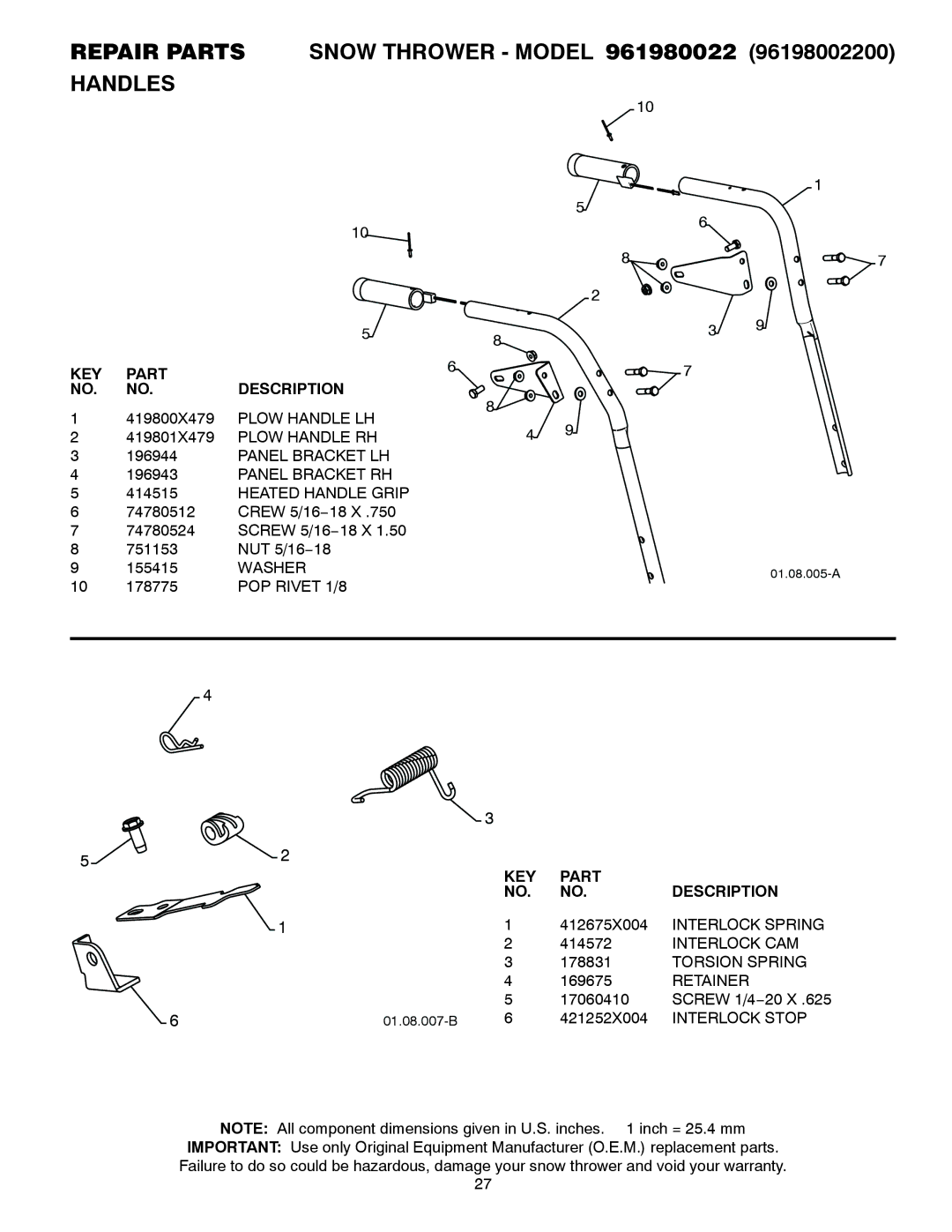 Poulan 961980022 Plow Handle LH, Plow Handle RH, Panel Bracket LH, Panel Bracket RH Heated Handle Grip, Washer, Retainer 