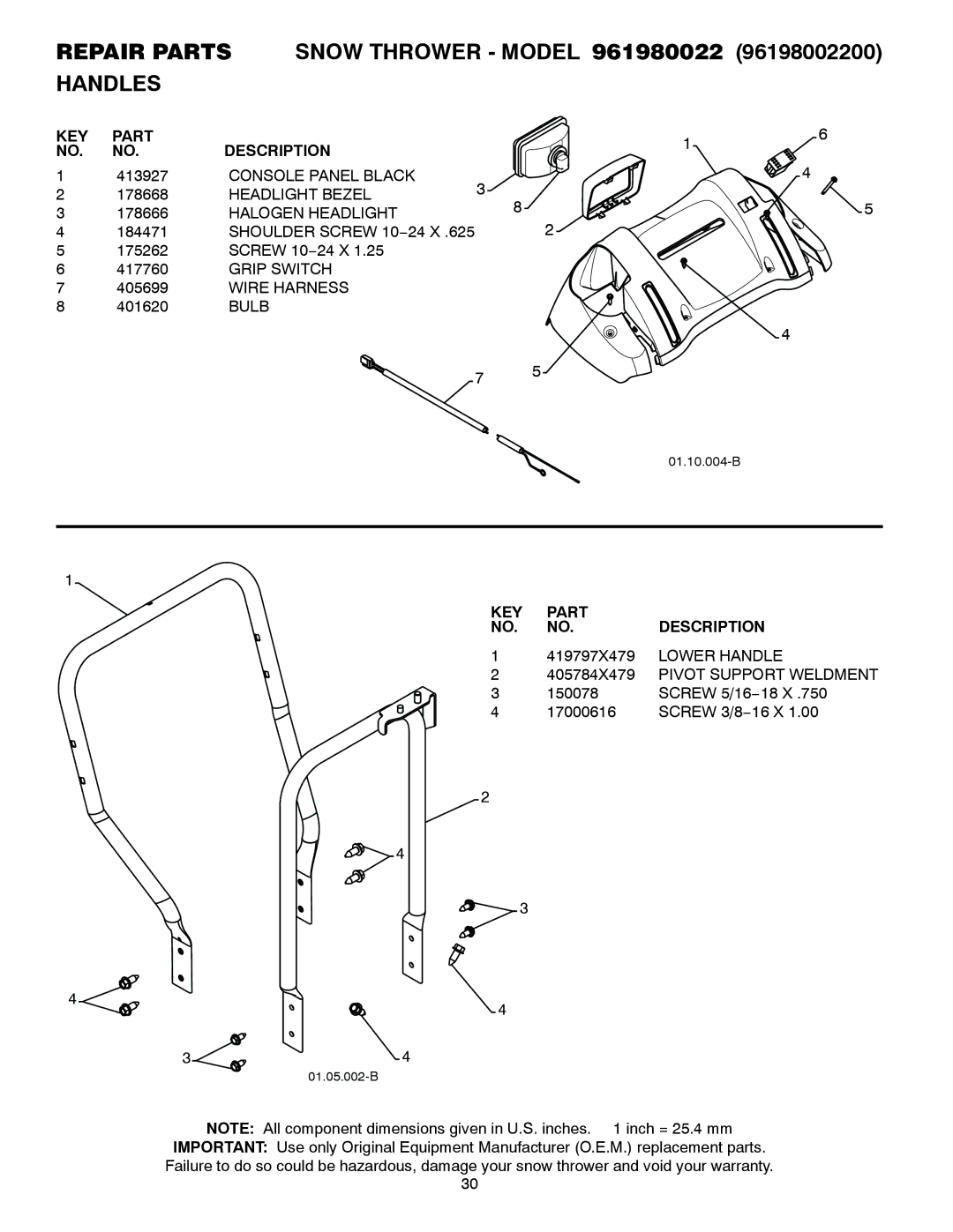 Poulan 420925 Console Panel Black, Headlight Bezel, Halogen Headlight, Shoulder Screw 10−24 X, Grip Switch, Wire Harness 