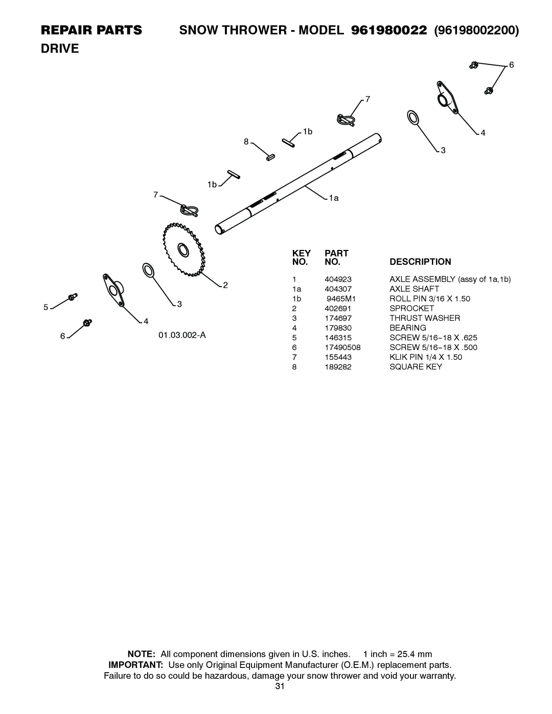 Poulan 420925 owner manual Repair Parts Snow Thrower Model 961980022 96198002200 Drive 