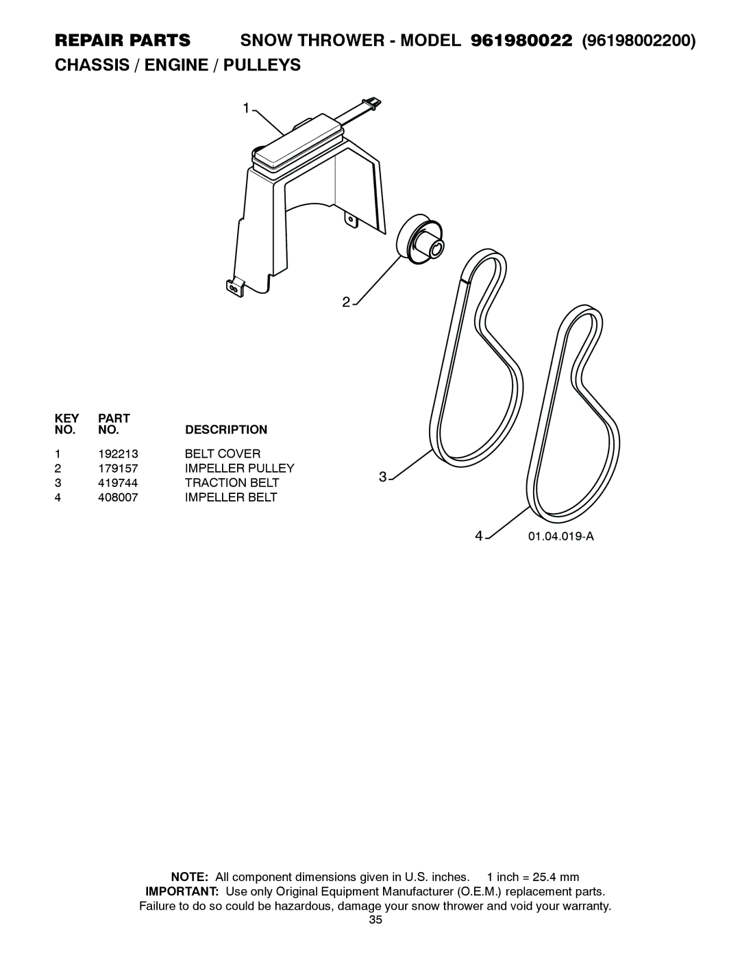 Poulan 961980022, 420925 owner manual Belt Cover, Traction Belt, Impeller Belt 