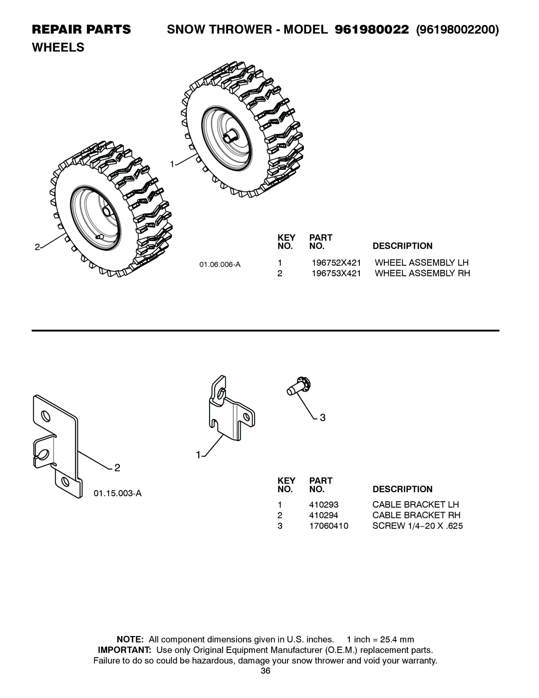 Poulan 420925, 961980022 owner manual Wheel Assembly LH, Cable Bracket LH, Cable Bracket RH 