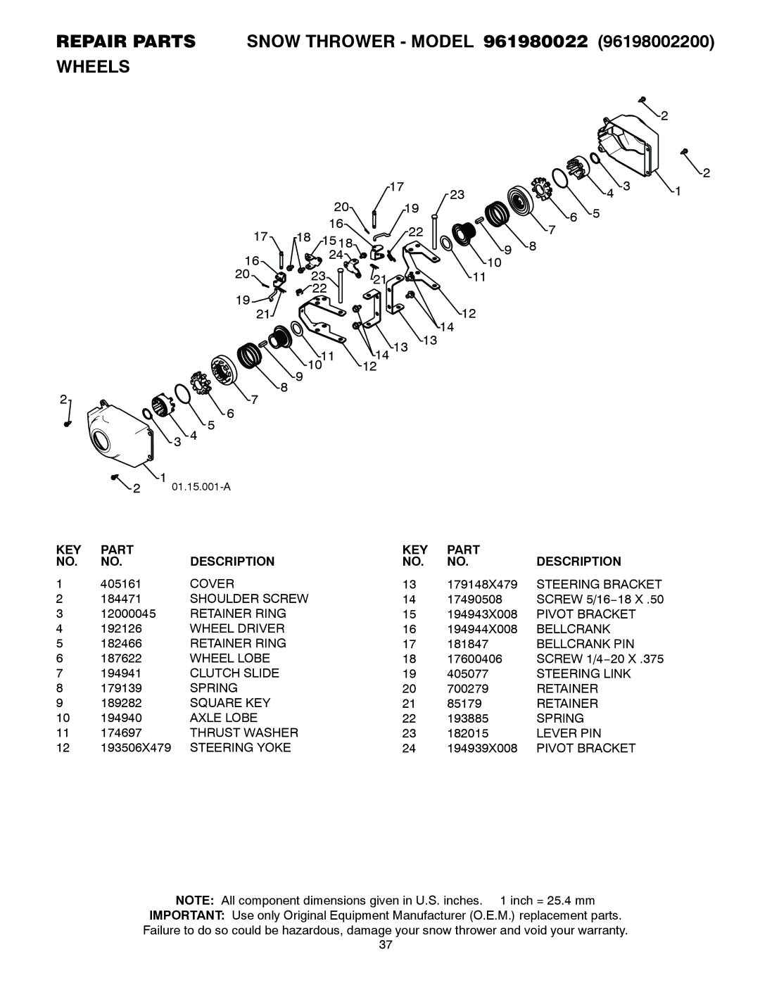 Poulan 961980022, 420925 Cover, Steering Bracket, Pivot Bracket, Wheel Driver, Bellcrank PIN, Wheel Lobe, Clutch Slide 