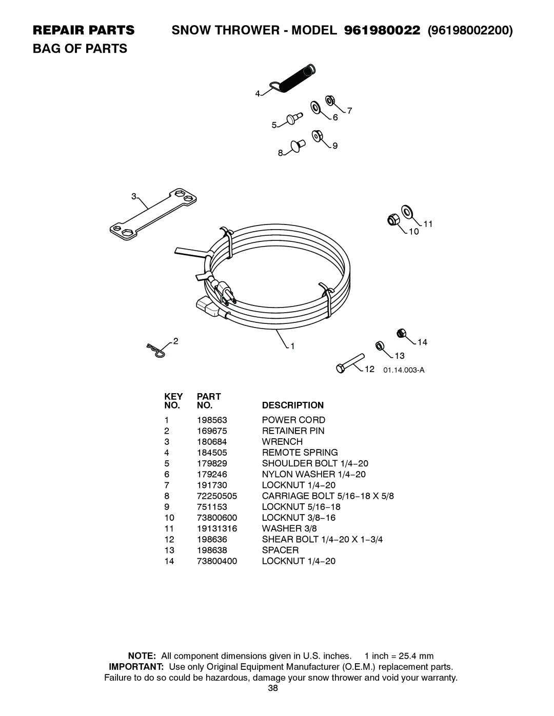 Poulan 420925, 961980022 owner manual Power Cord, Retainer PIN, Wrench, Remote Spring 