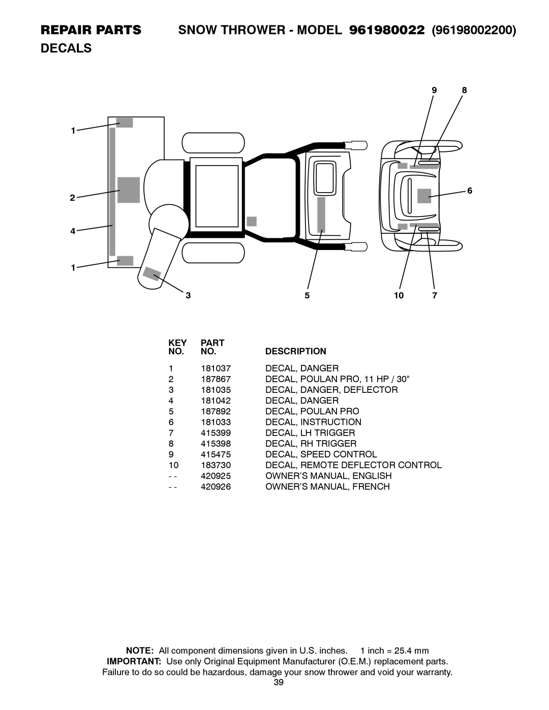 Poulan 961980022, 420925 owner manual KEY Part 