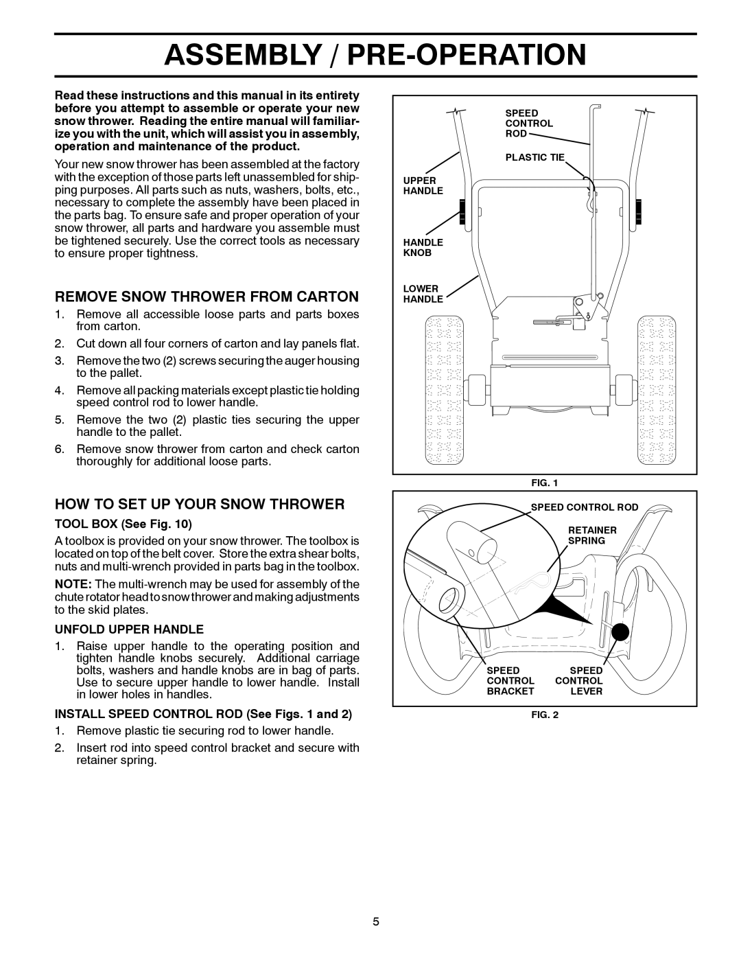 Poulan 961980022, 420925 Assembly / PRE-OPERATION, Remove Snow Thrower from Carton, HOW to SET UP Your Snow Thrower 