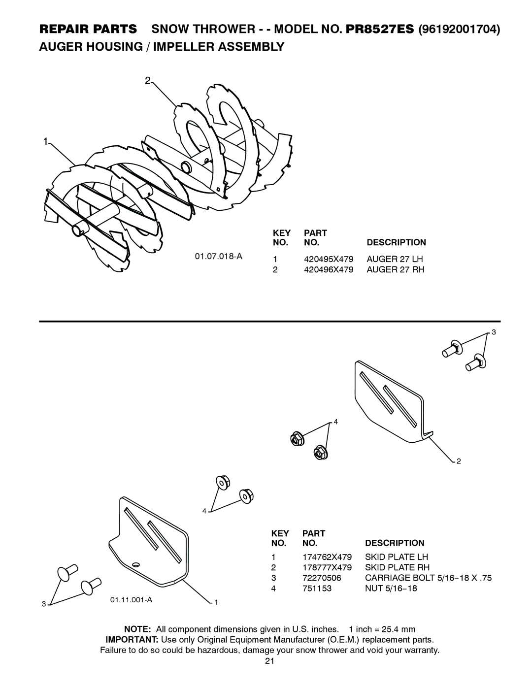 Poulan 421028 owner manual Auger 27 LH, Auger 27 RH, Skid Plate LH, Skid Plate RH 