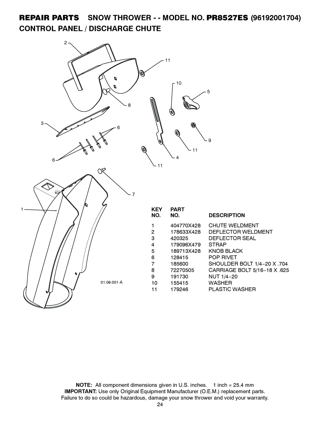 Poulan 421028 Chute Weldment, Deflector Weldment, Deflector Seal, Strap, Knob Black, POP Rivet, Plastic Washer 