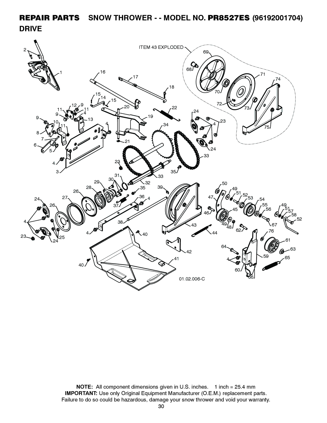 Poulan 421028 owner manual Repair Parts Snow Thrower - Model NO. PR8527ES Drive 