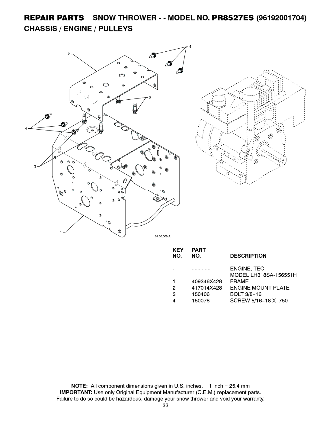 Poulan 421028 owner manual Engine, Tec, Frame, Engine Mount Plate 