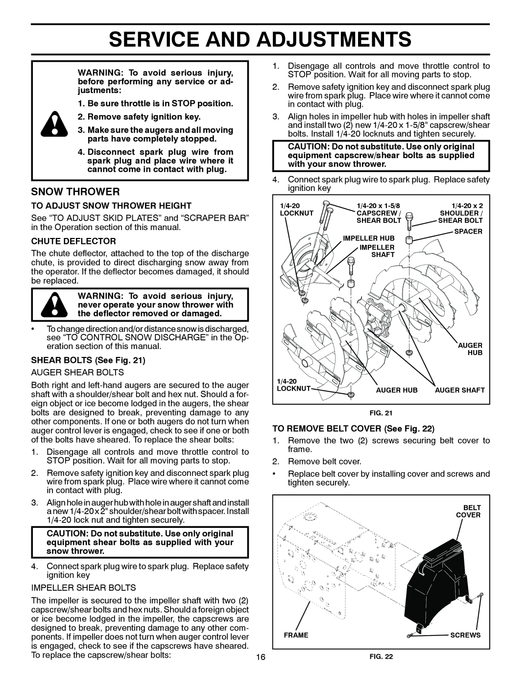 Poulan 421064 owner manual Service and Adjustments, To Adjust Snow Thrower Height, Chute Deflector, Shear Bolts See Fig 