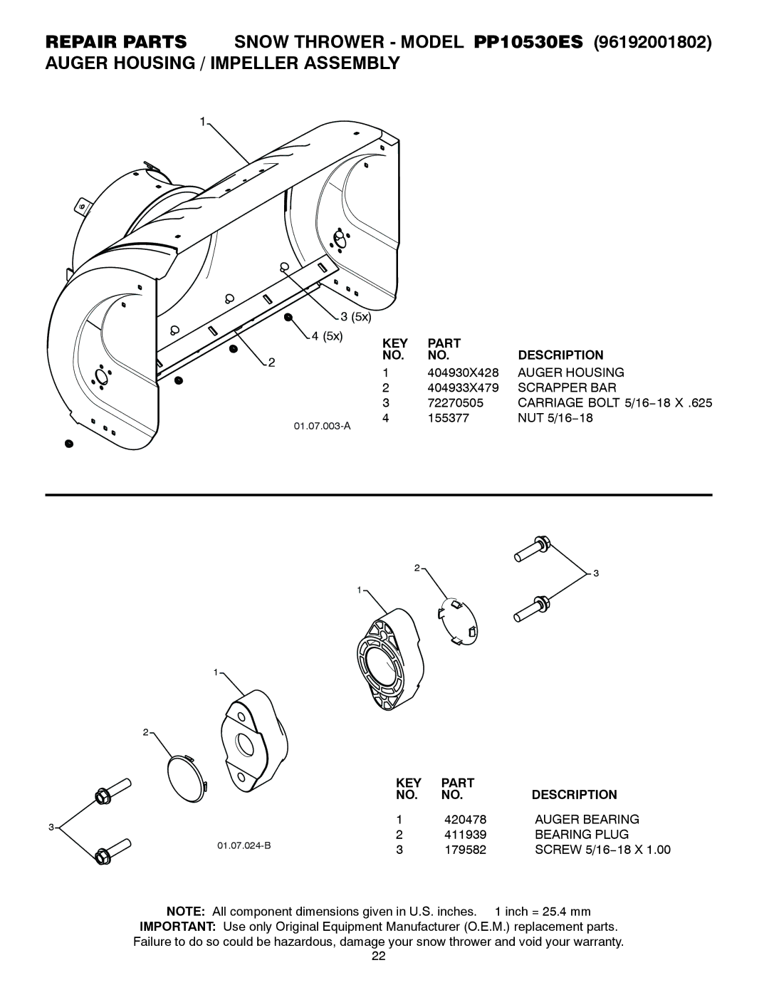 Poulan 421064 owner manual Auger Housing, Scrapper BAR, Auger Bearing, Bearing Plug 