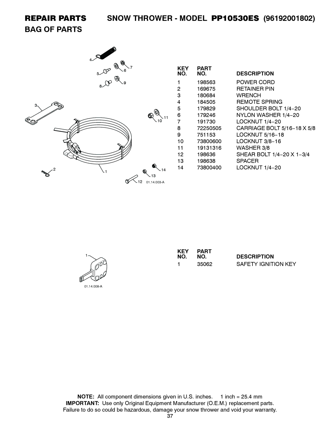 Poulan 421064 owner manual 35062, Safety Ignition KEY 