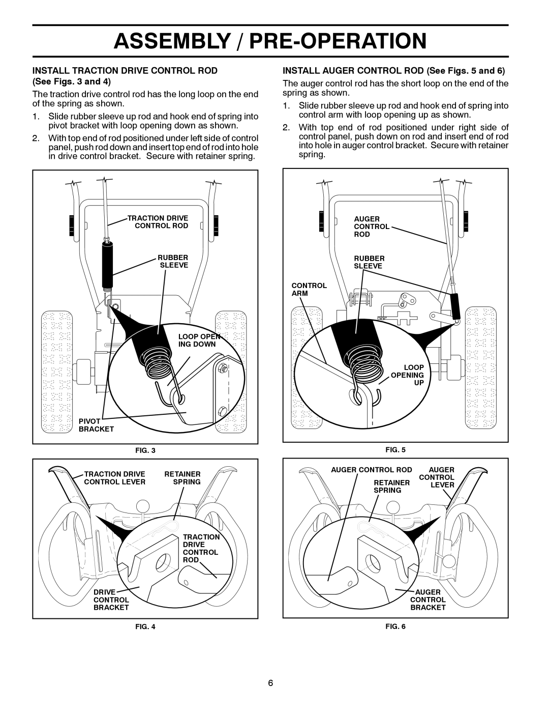 Poulan 421064 owner manual Install Traction Drive Control ROD See Figs, Install Auger Control ROD See Figs 