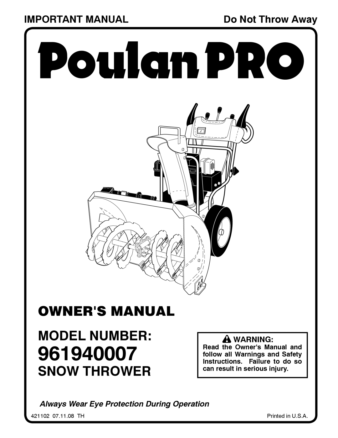 Poulan 961940007, 421102 owner manual Model Number, Snow Thrower 