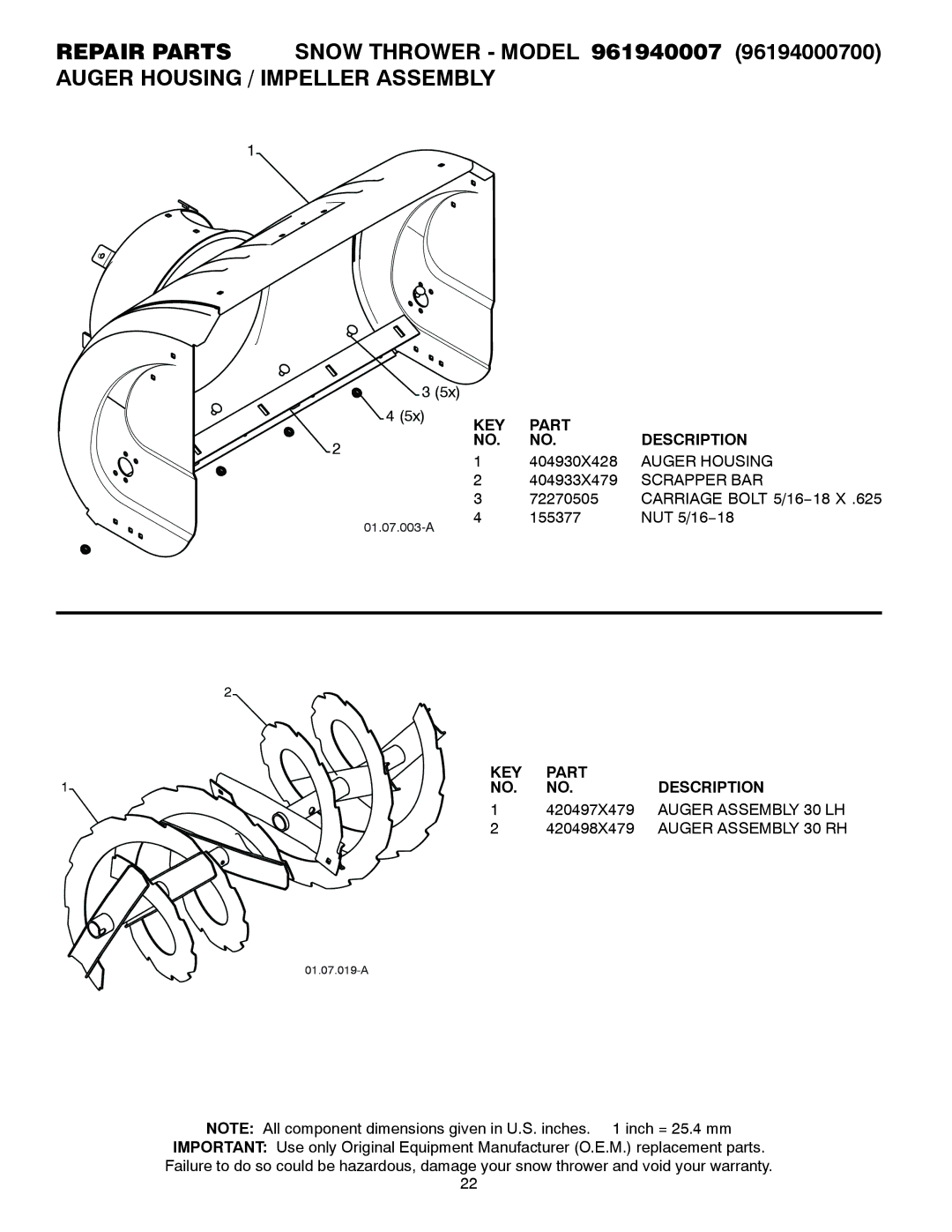 Poulan 421102, 961940007 owner manual Auger Housing, Scrapper BAR, Auger Assembly 30 LH, Auger Assembly 30 RH 