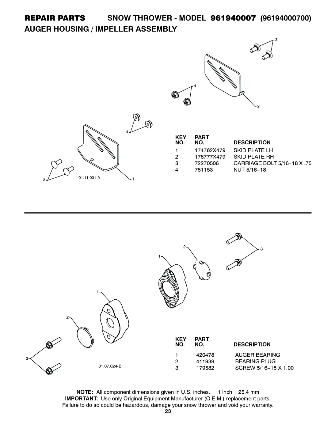 Poulan 961940007, 421102 owner manual Auger Bearing, Bearing Plug 