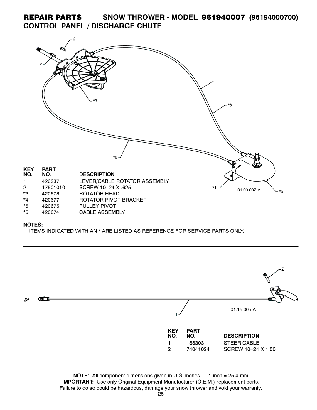 Poulan 961940007, 421102 LEVER/CABLE Rotator Assembly, Rotator Head, Rotator Pivot Bracket, Pulley Pivot, Steer Cable 