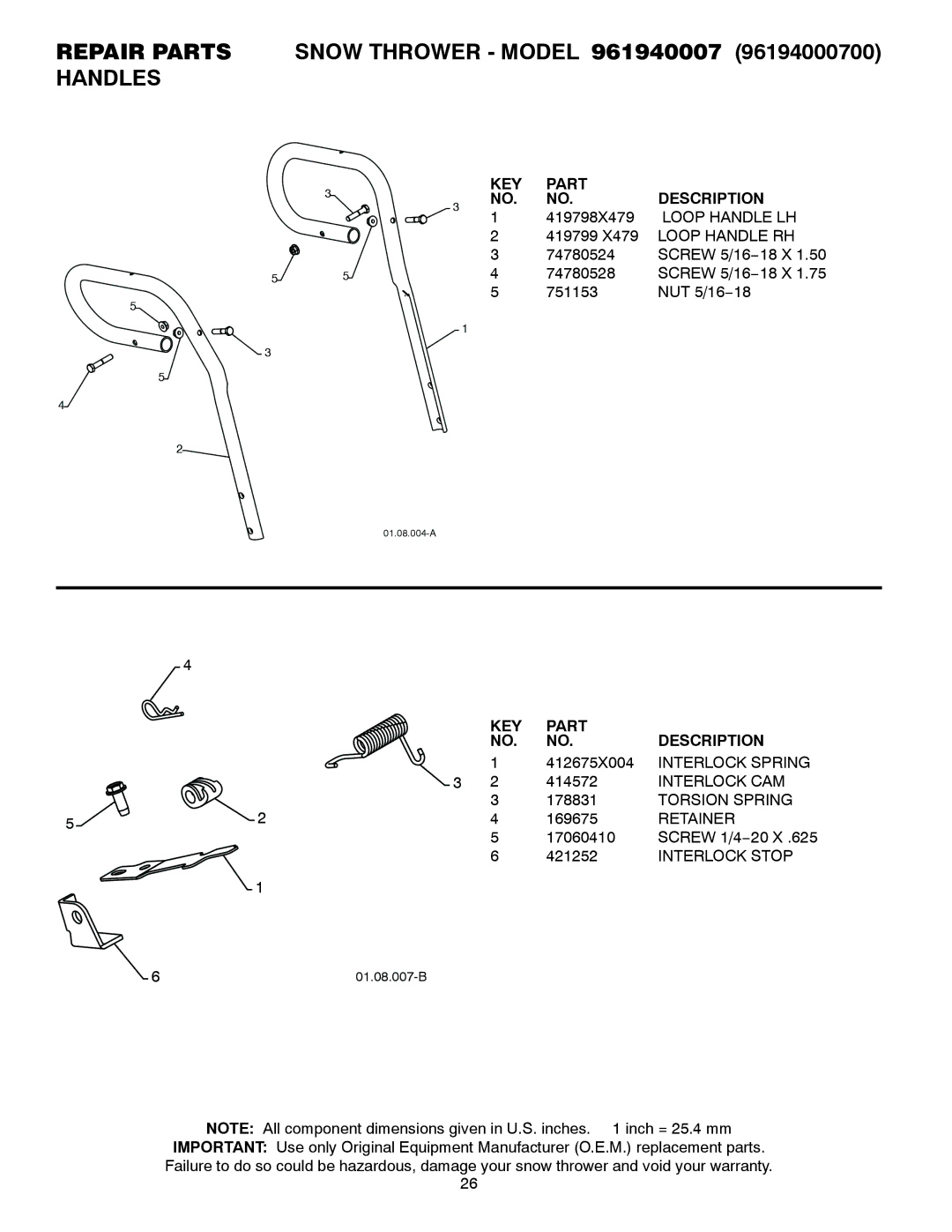 Poulan 421102, 961940007 owner manual 419798X479, Loop Handle LH 