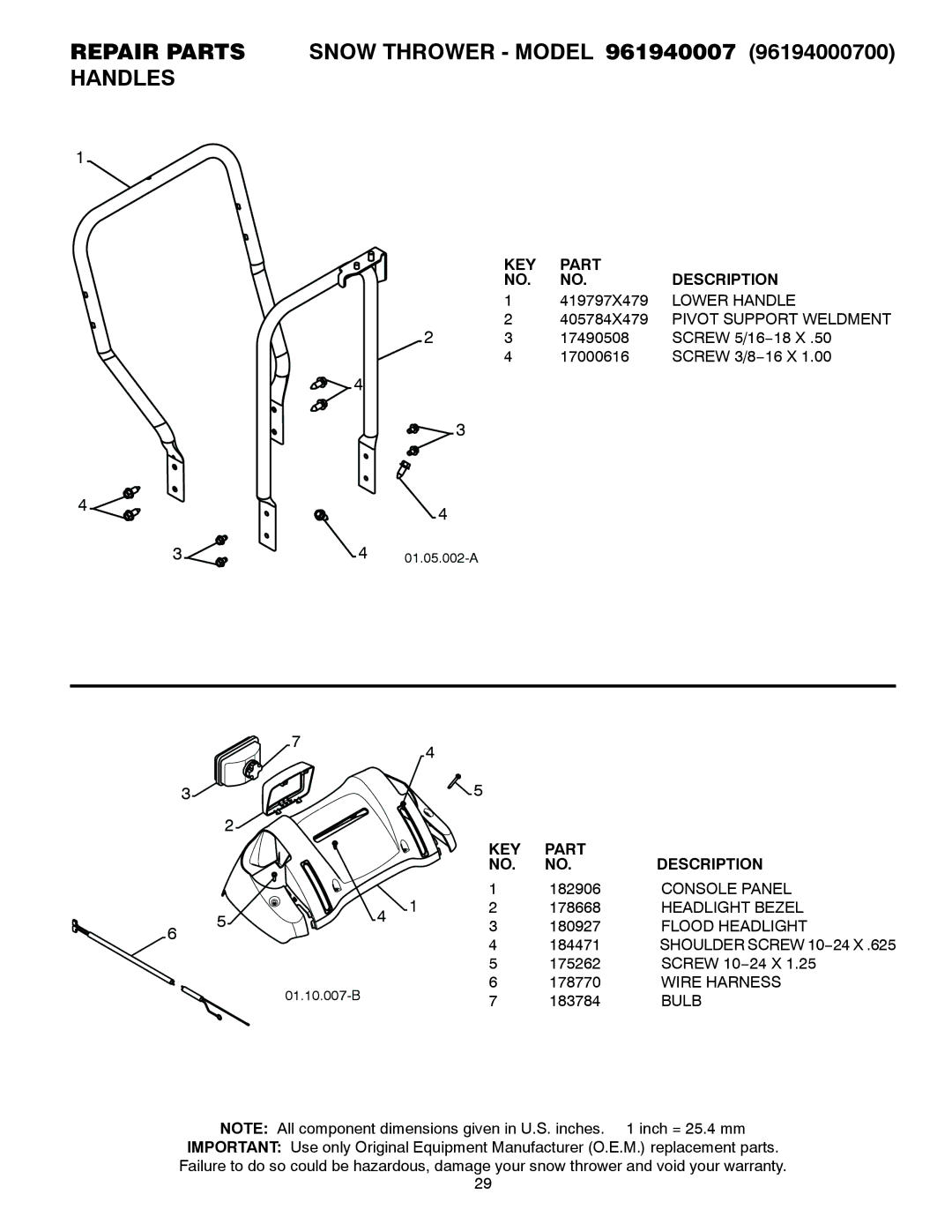 Poulan 961940007 Lower Handle, Pivot Support Weldment, Console Panel, Headlight Bezel, Flood Headlight, Wire Harness, Bulb 