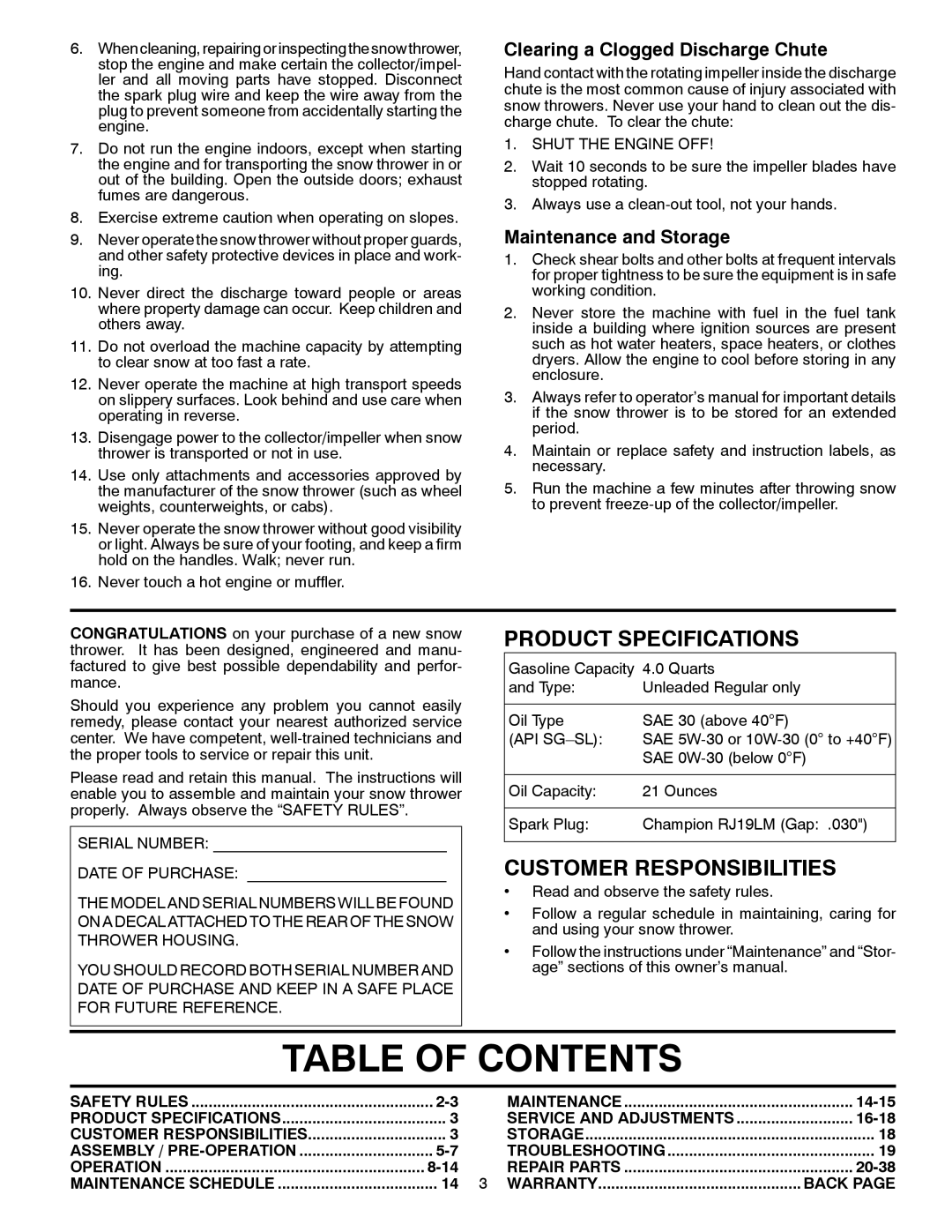 Poulan 961940007, 421102 owner manual Table of Contents 