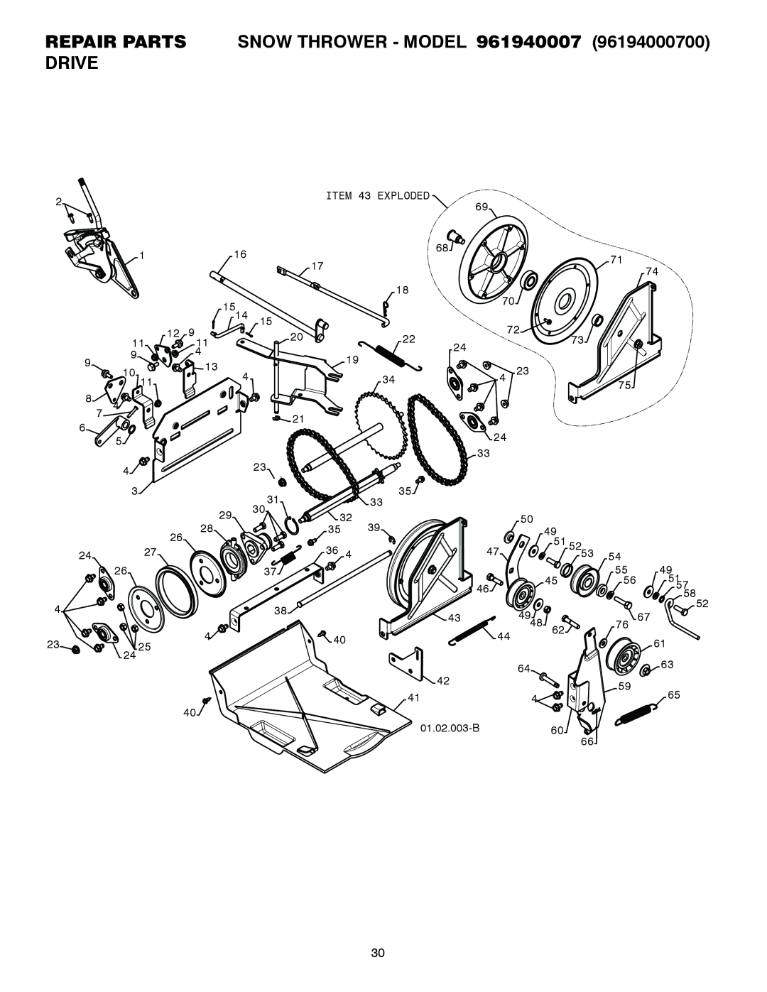 Poulan 421102 owner manual Repair Parts Snow Thrower Model 961940007 96194000700 Drive 