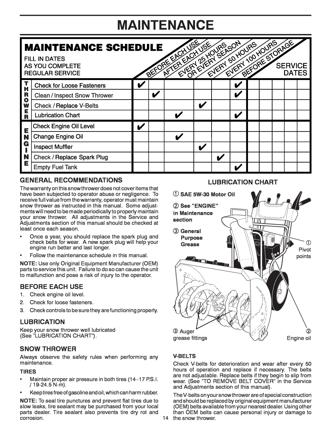 Poulan 421104 owner manual Maintenance, General Recommendations, Before Each Use, Lubrication Chart, Snow Thrower 