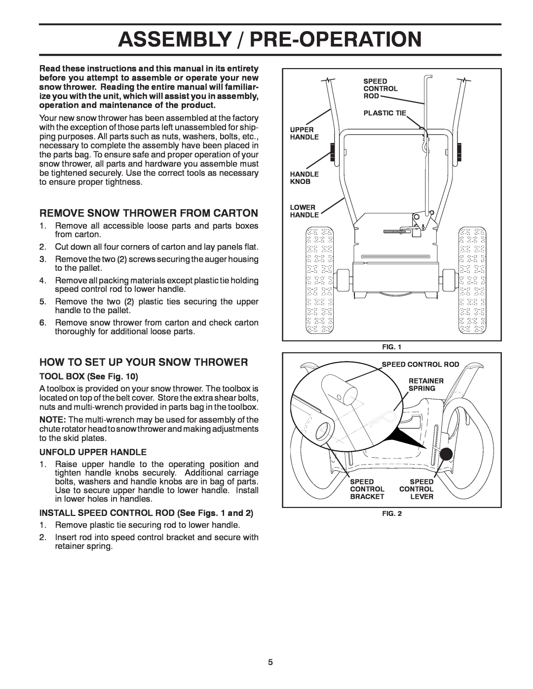 Poulan 421104 owner manual Assembly / Pre-Operation, Remove Snow Thrower From Carton, How To Set Up Your Snow Thrower 