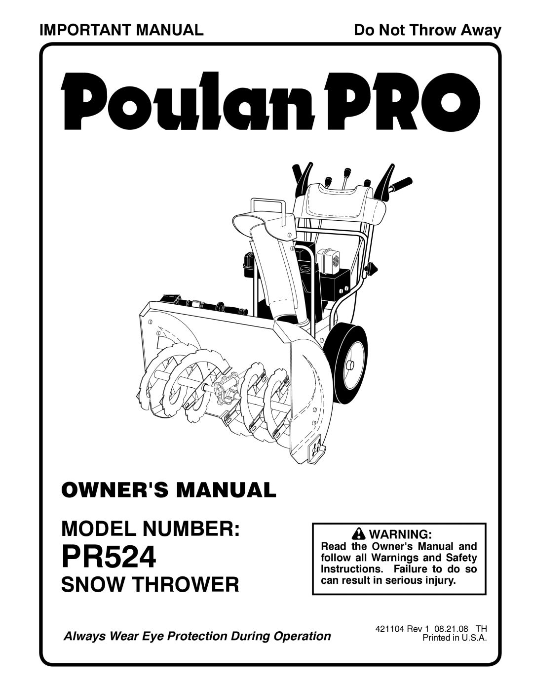 Poulan 421104 owner manual Model Number, Snow Thrower 