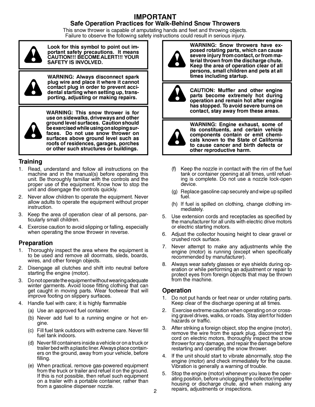 Poulan 421104 owner manual Safe Operation Practices for Walk-Behind Snow Throwers 