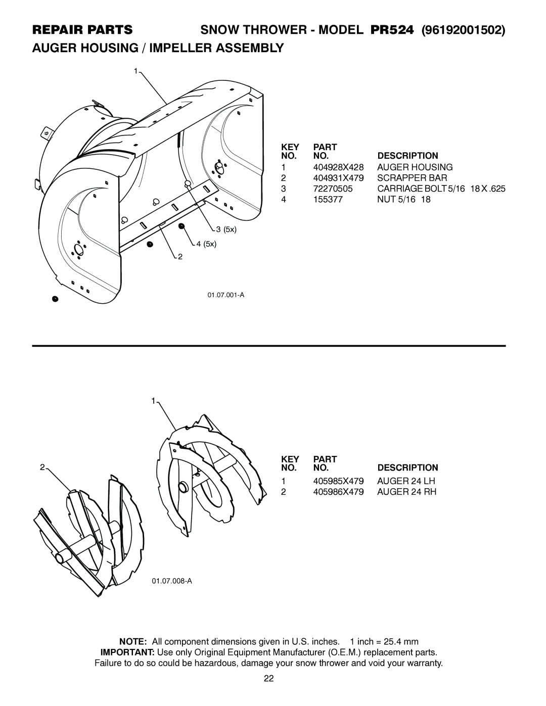 Poulan 421104 owner manual Auger Housing, Scrapper BAR, Auger 24 LH, Auger 24 RH 